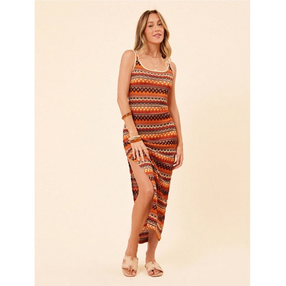 Knit Striped Tank Dress Side Leg Slit Long Ribbed Multicolor Long, Slim - Picture 8 of 13